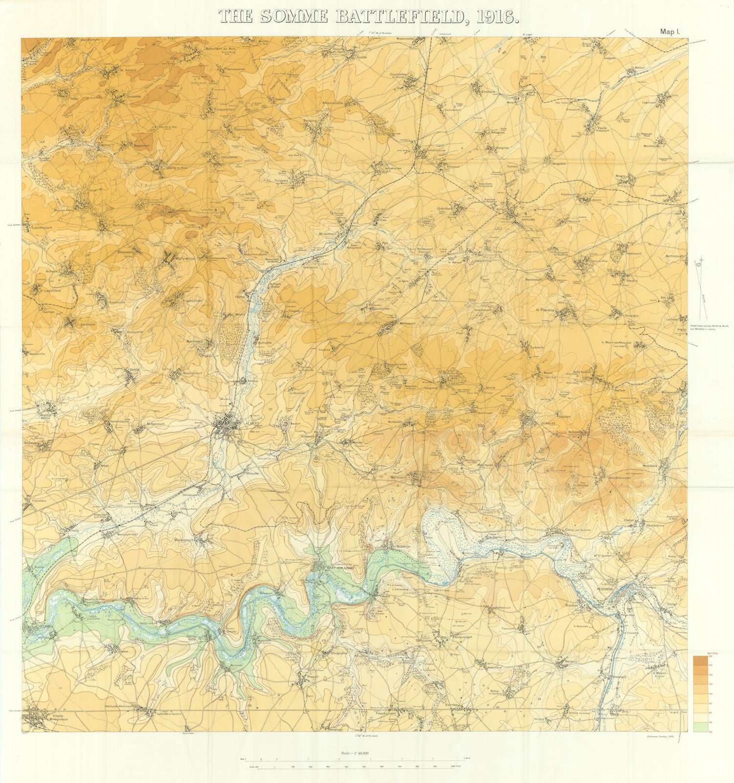 The Somme Battlefield, 1916. Battle of the Somme. First World War. 1932 map